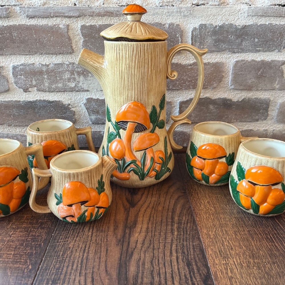 Rare arnel’s mushroom tea set tea cups tea pot creamer mushroom tea set Arnels